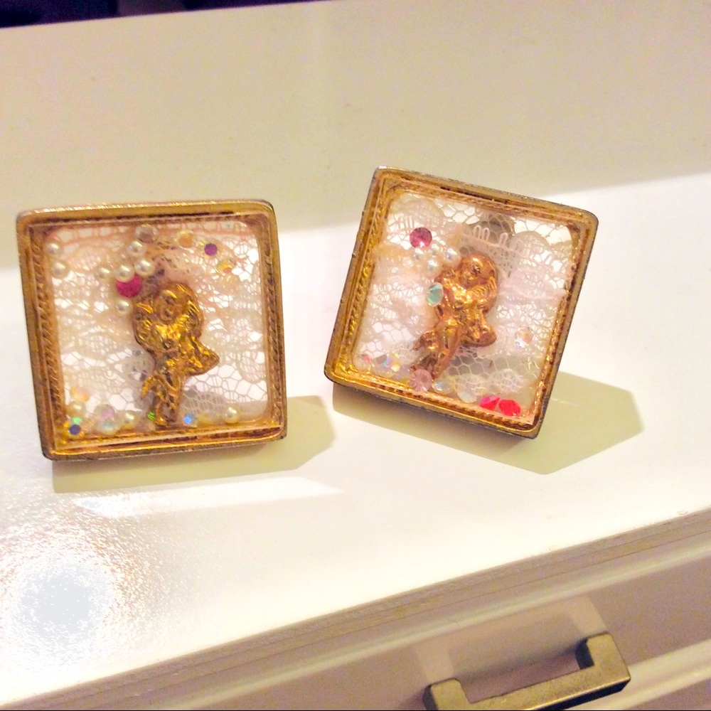 Amazing angel clip earrings floating crystals Lace Freestanding 00AK vtg SALE